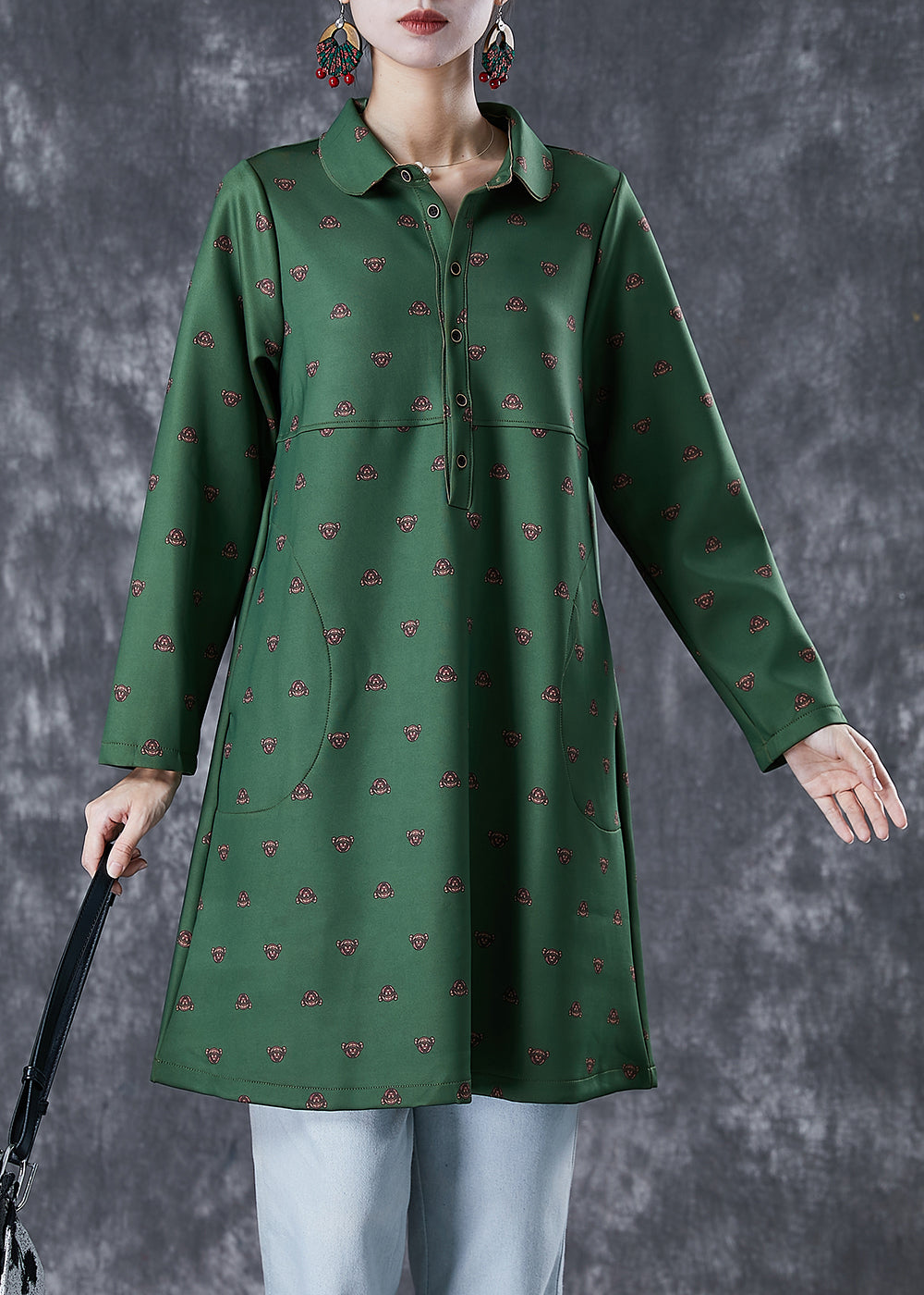 Dull Green Peter Pan Collar Print Cotton Dress Fall