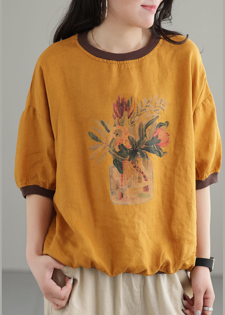 Yellow Oversized Patchwork Print Linen Tank Tops Short Sleeve