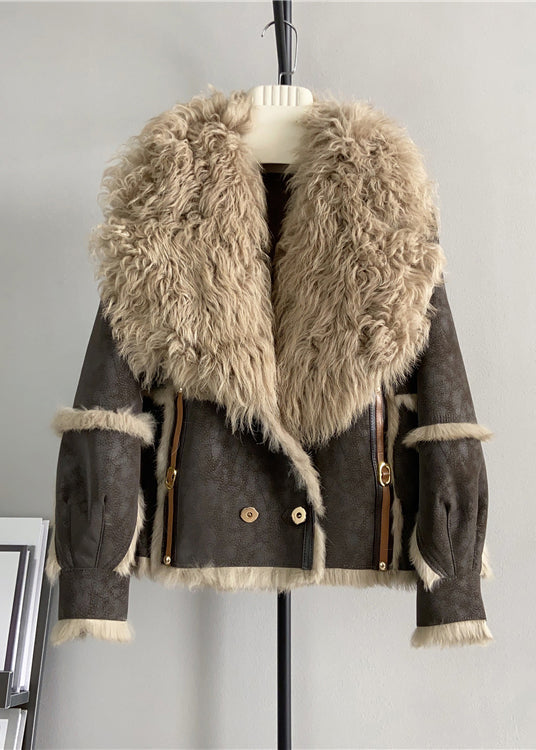 Chocolate Patchwork Leather and Fur Coats Wool Collar Winter