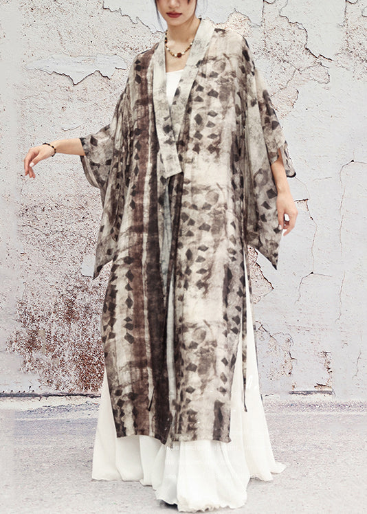 Grey Print Lace Up Side Open Cotton Long Coat Half Sleeve
