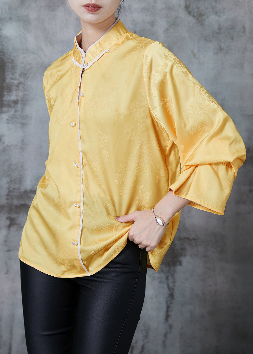 Yellow Mandarin Collar Jacquard Silk Shirt Tops Fall