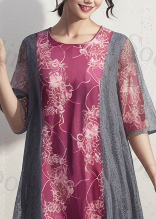 French Purple O Neck Print Patchwork Silk Dress Summer