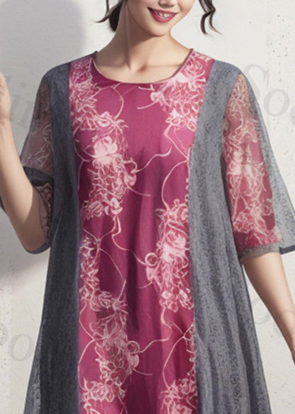 French Purple O Neck Print Patchwork Silk Dress Summer