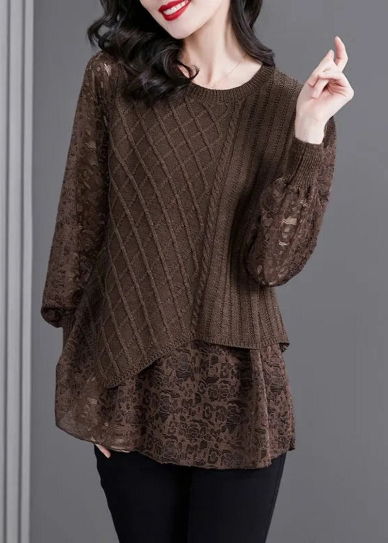 Coffee O-neck Knit Patchwork Fake Two Pieces Top Fall