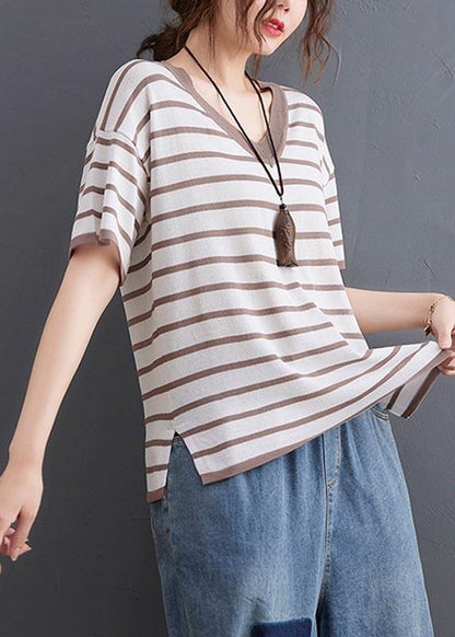 Khaki Striped Side Open Cotton Linen Summer Tops