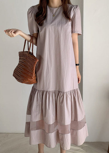 Classy Champagne O-neck Wrinkled Tulle Patchwork Maxi Dress Short Sleeve