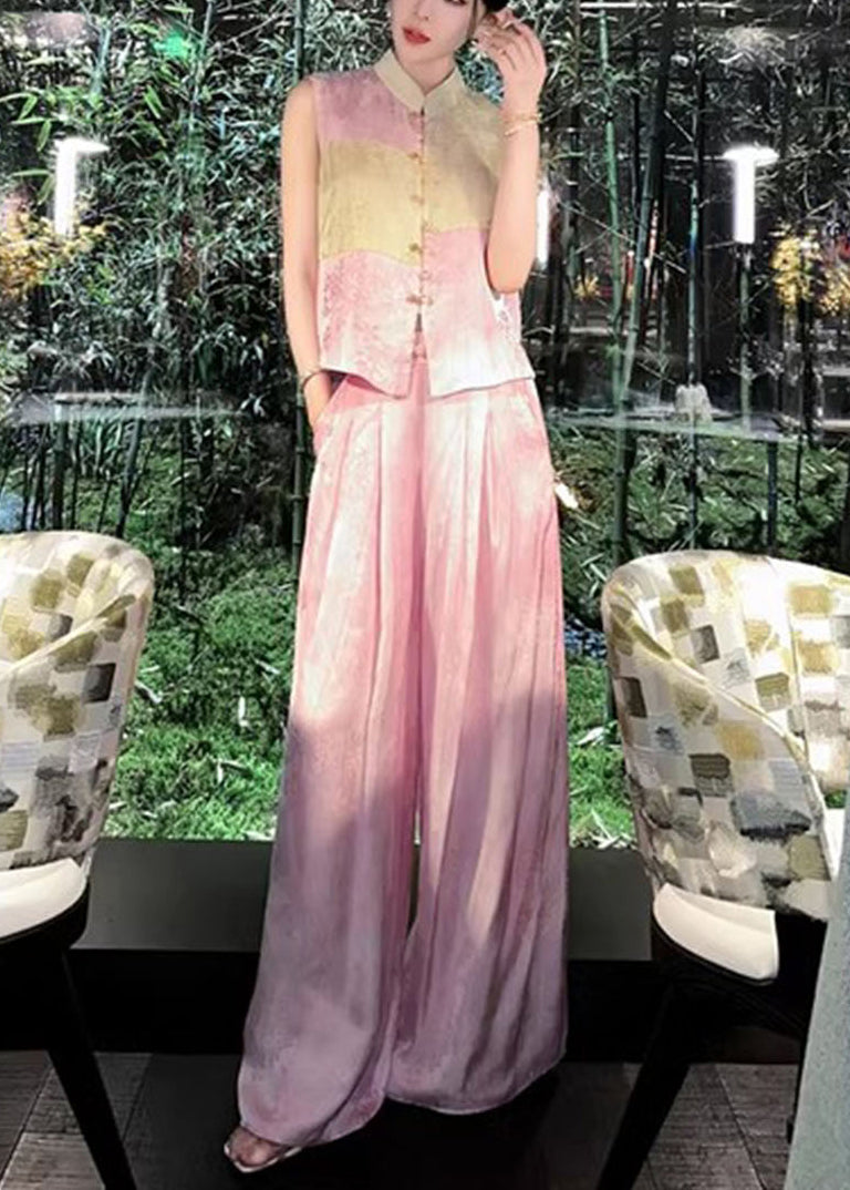 French Pink Button Waistcoat and Wide Leg Pants Silk Two Piece Set Sleeveless