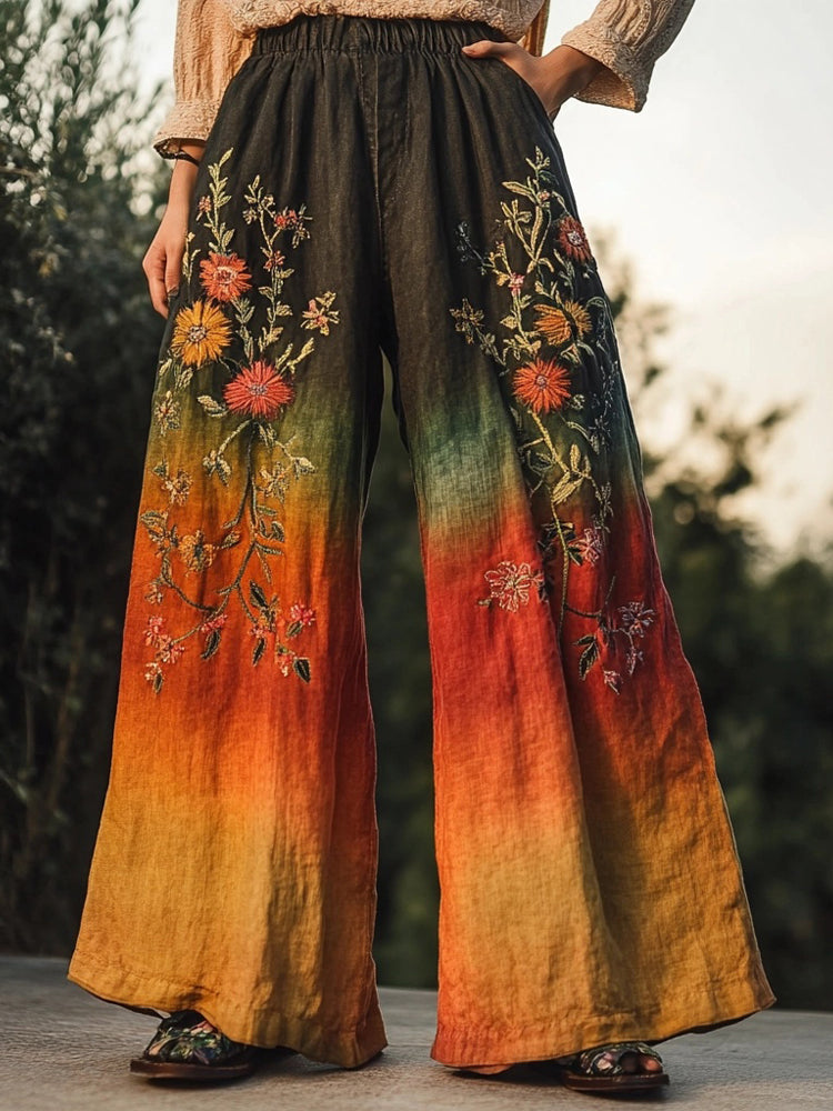 Vintage Boho Floral Embroidered Gradient Linen Pants artswardrobe