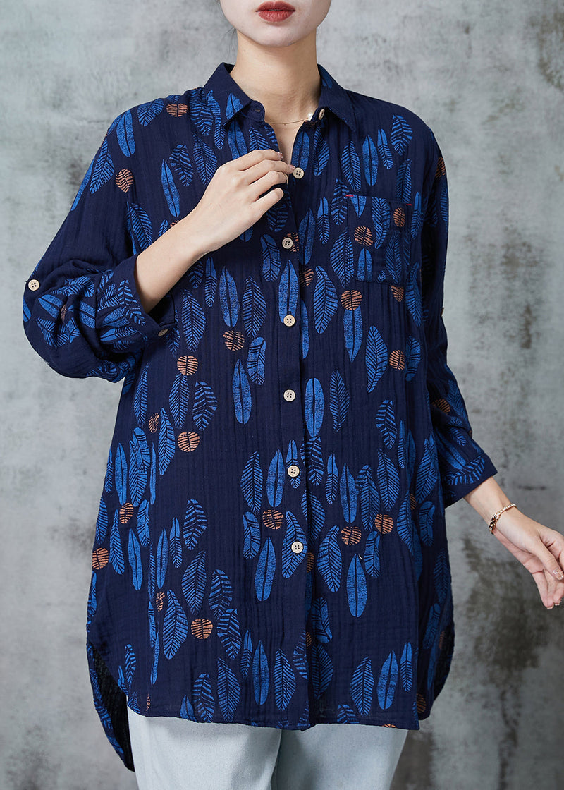 Navy Oversized Print Cotton Blouses Spring