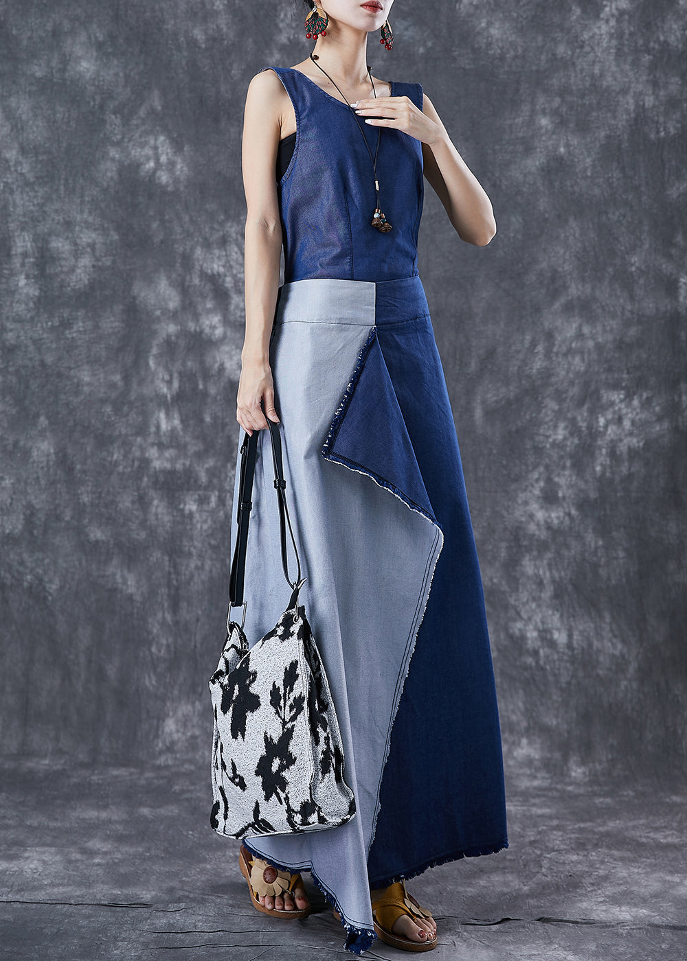 Blue Asymmetrical Patchwork Backless Denim Dress Summer