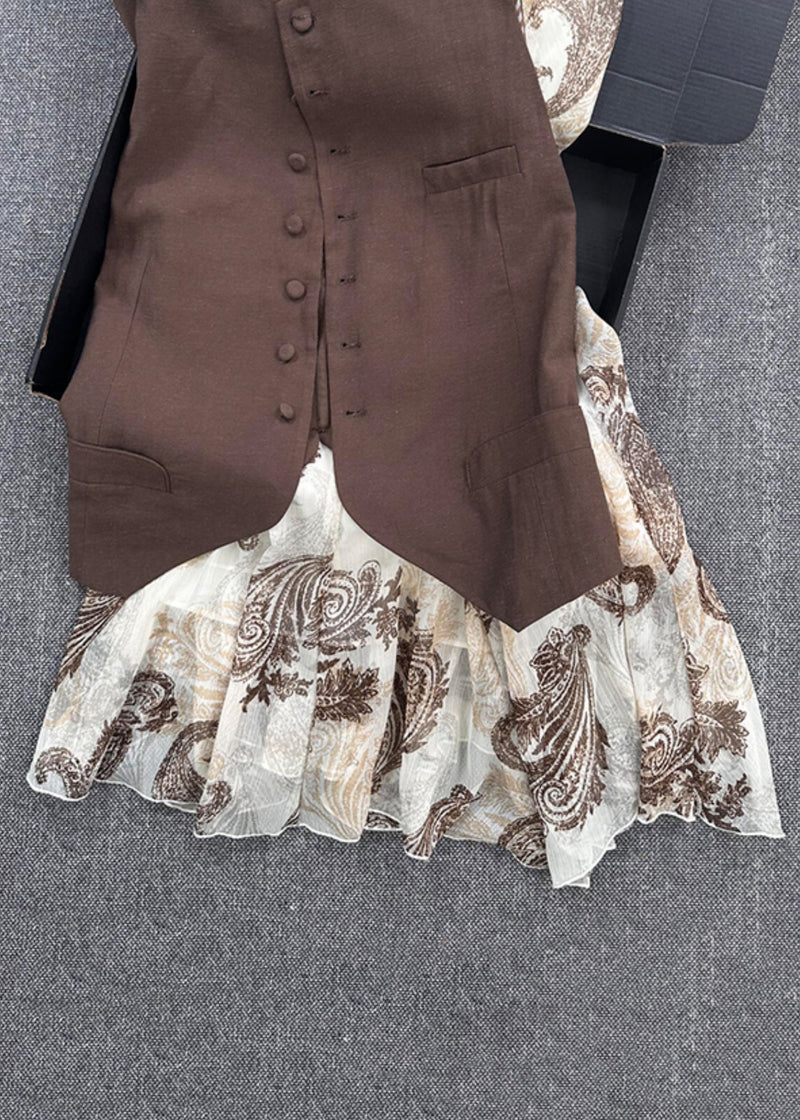French Coffee Button Waistcoat and Print Skirts Cotton Two Pieces Set Sleeveless