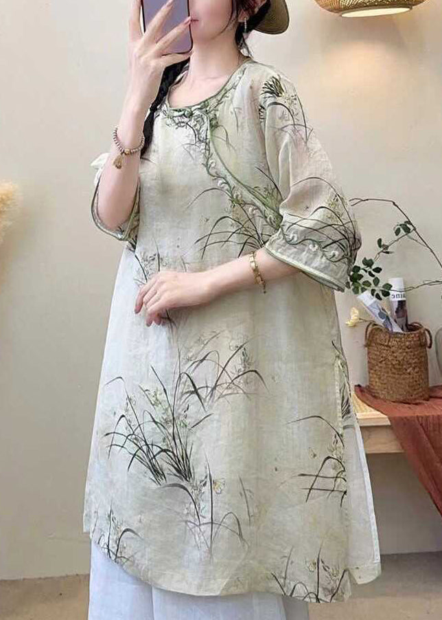 Light Green Print Side Open Linen Shirt Half Sleeve