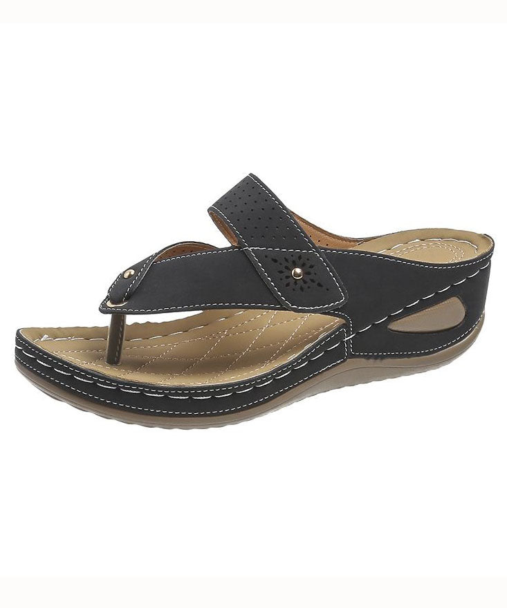 Unique Black Splicing Wedge Thong Sandals Faux Leather