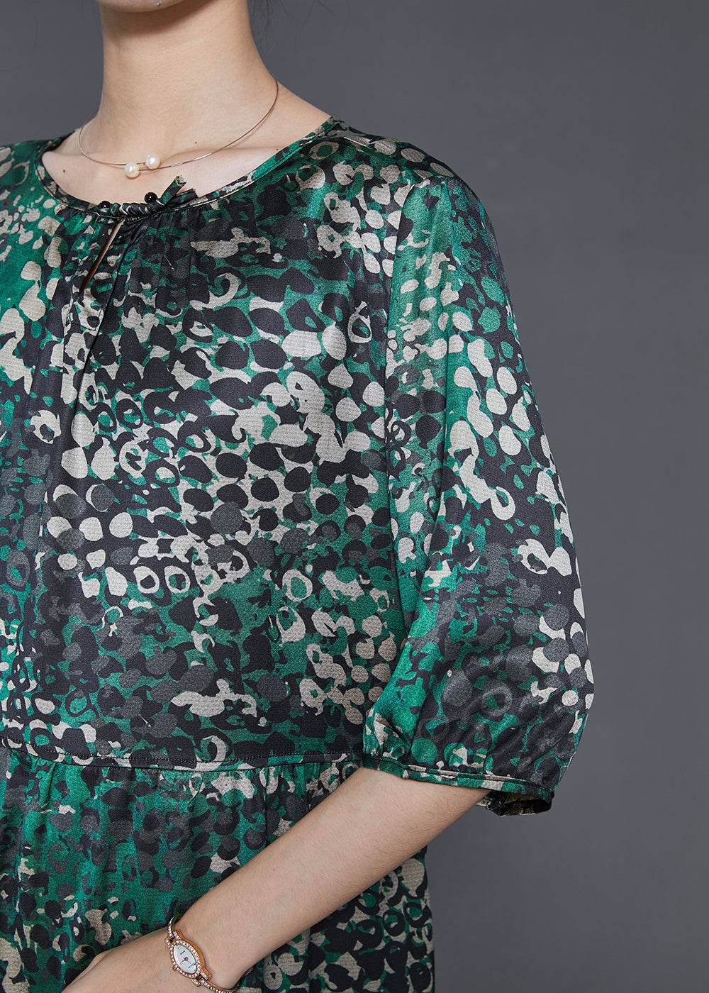 Green Print Tie Waist Silk Dress Summer