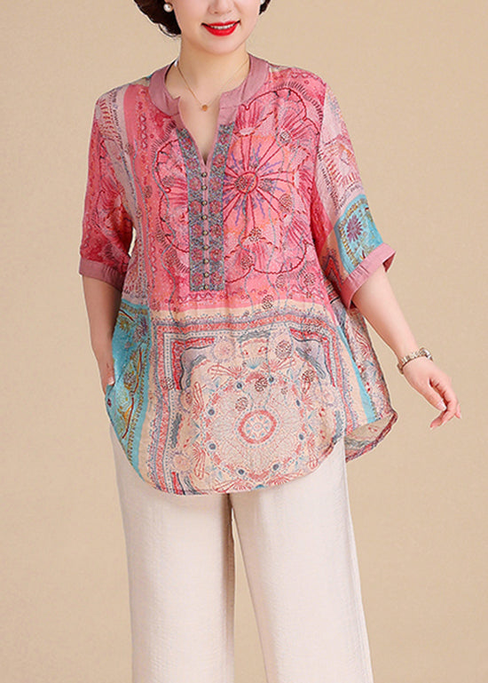 V Neck Print Cotton Blouse Tops Summer