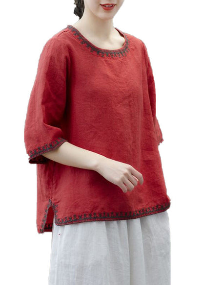 Yellow O Neck Embroideried Patchwork Cotton T Shirts Summer