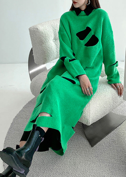 Novelty Green O-neck Cozy Knit Sweater Dress Spring