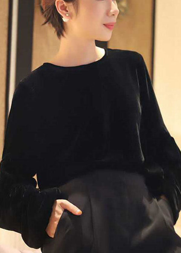 Classy Purple O-neck Oversized Silk Velour Shirt Top Long Sleeve