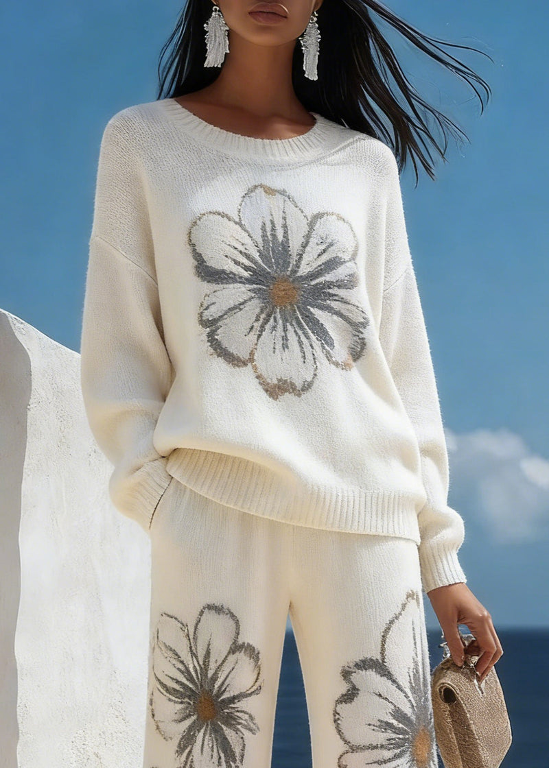 White Cozy Knit Two Piece Suit Set O-neck Spring