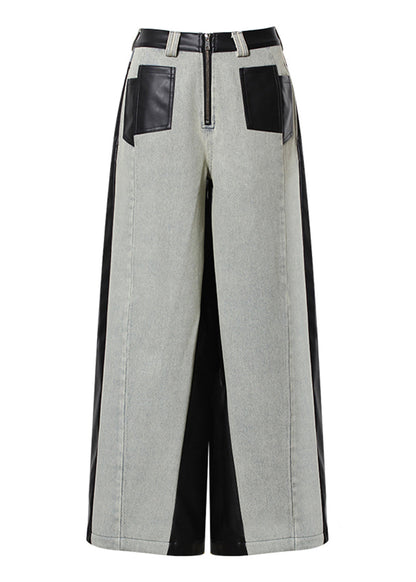 Pockets Faux Leather Patchwork Denim Wide Leg Pants Fall