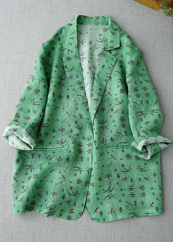 Green Notched Print Coats Long Sleeve Spring