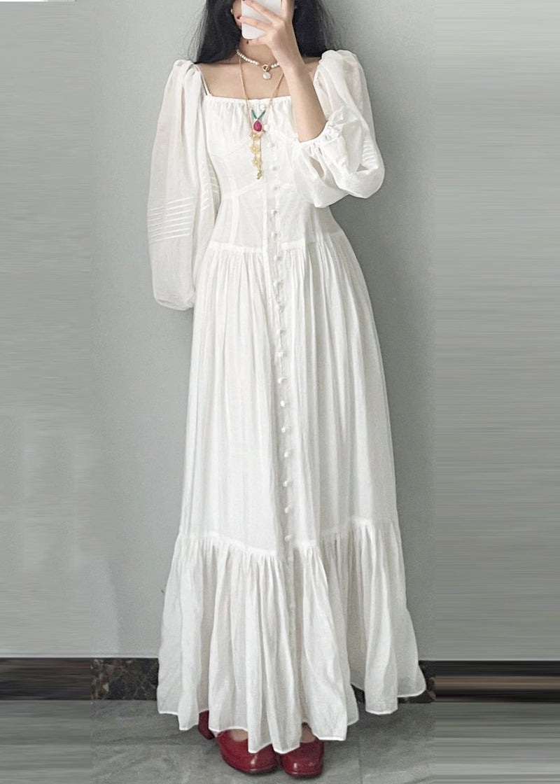 French Square Neck Bubble Sleeve White Vacation Dress Fall