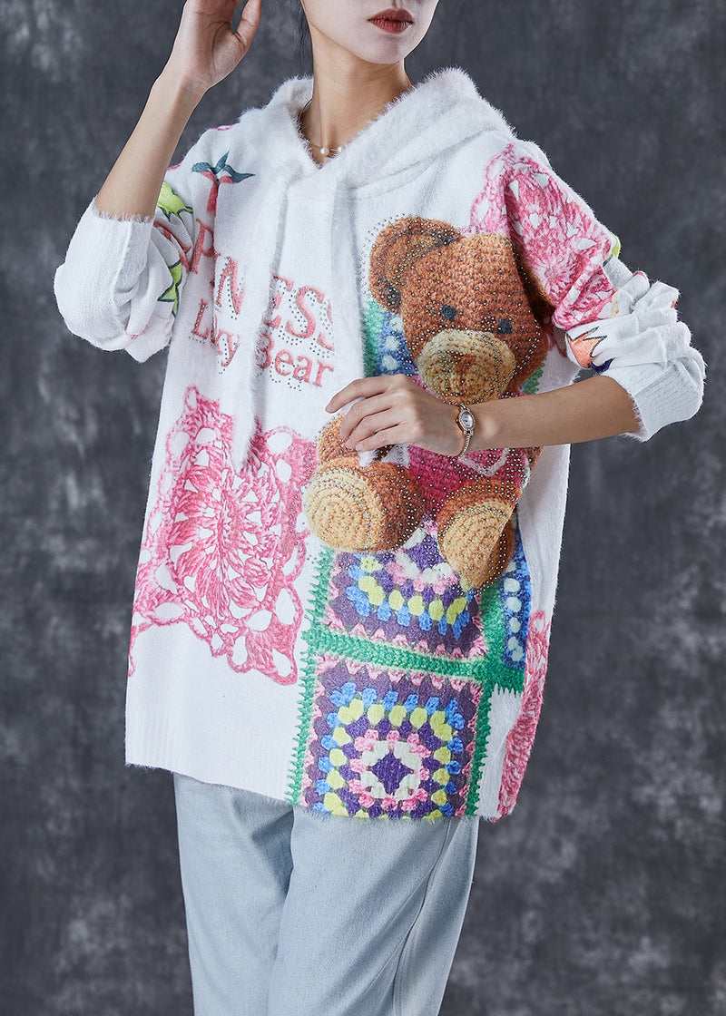 Diy White Hooded Bear Print Mink Hair Knitted Pullover Sweater Winter
