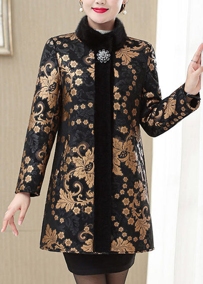 Classy Gold Fur Collar Print Warm Leather and Fur Coats Spring