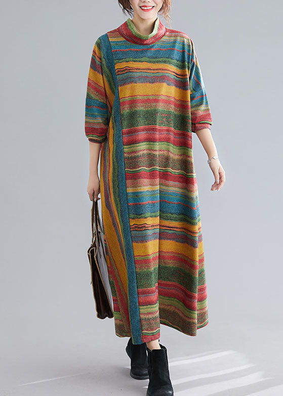 Green Turtle Neck Patchwork Striped Cotton Ankle Dress Spring