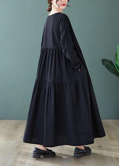 Grey Loose Pockets Wrinkled Fall Vacation Dresses Long Sleeve
