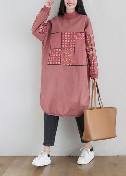 Pink Stand Collar Print Cotton Loose Sweatshirt Dress Spring