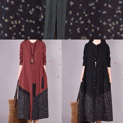Black Patchwork Print Tunic O Neck Pockets Maxi Spring Dresses