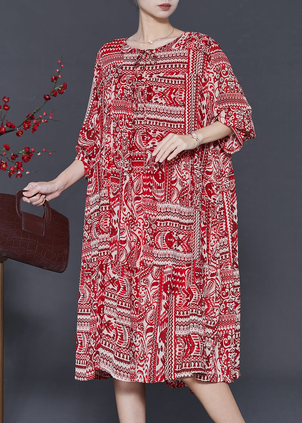 Red Oversized Print Chiffon Robe Dresses Fall