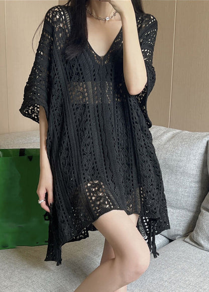 Black V Neck Low High Design Ice Silk Knit T Shirt Summer