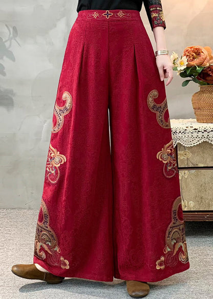 Red Jacquard Linen Wide Leg Pants Embroidered Spring