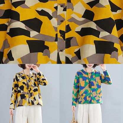 French O Neck Button Down Shirts Inspiration Yellow Geometric Top