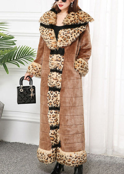 Khaki Fox Collar Patchwork Leopard Faux Fur Coat Winter