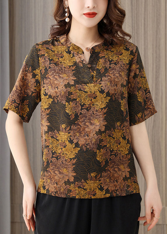 Chocolate Print Silk Blouse Top for O-neck Button Short Sleeve