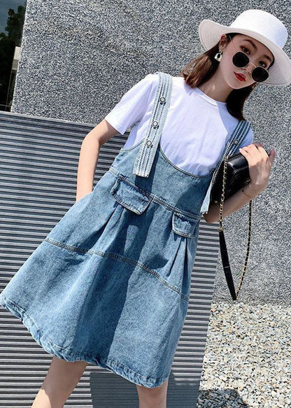 Diy Blue Oversized Patchwork Denim Strap Dress Two Piece Set Clothing Summer
