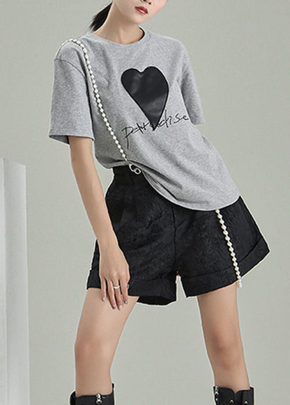 Black Zip Up Jacquard Cotton Shorts Summer