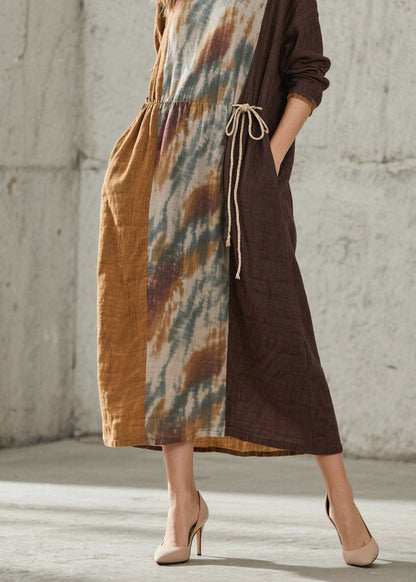 O Neck Print Lace Up Cotton Maxi Dresses Fall