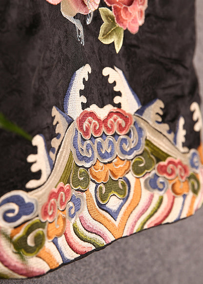 Fitted Black Stand Collar Embroideried Button Waistcoat Fall