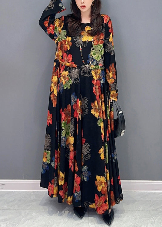 Unique O Neck Wrinkled Patchwork Cotton Long Dress Fall