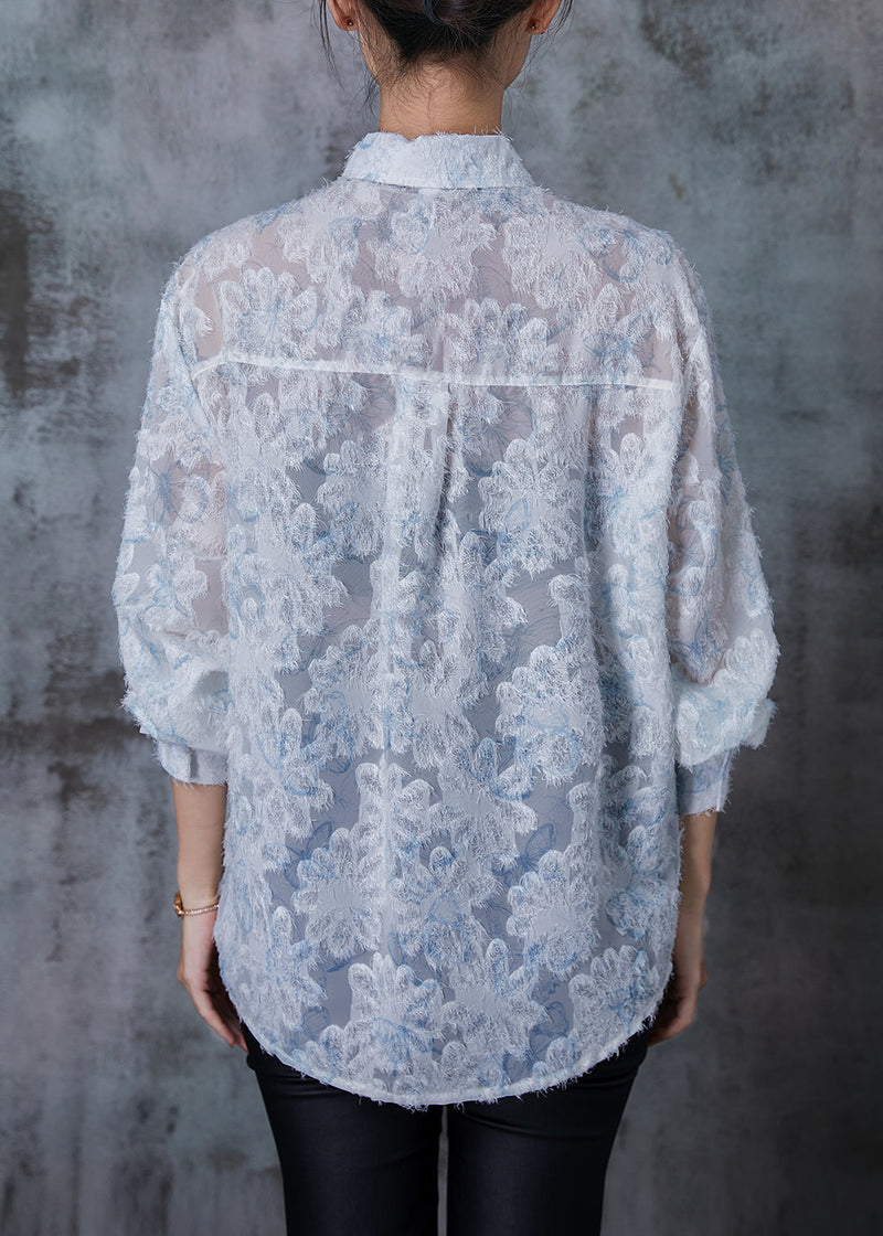 Blue Loose Chiffon Upf 50+ Top Spring