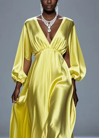 Yellow Hollow Out Draping Silk Party Dresses Fall