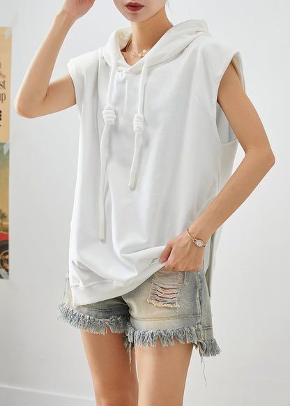 White Hooded Drawstring Side Open Cotton Sweatshirts Top Sleeveless