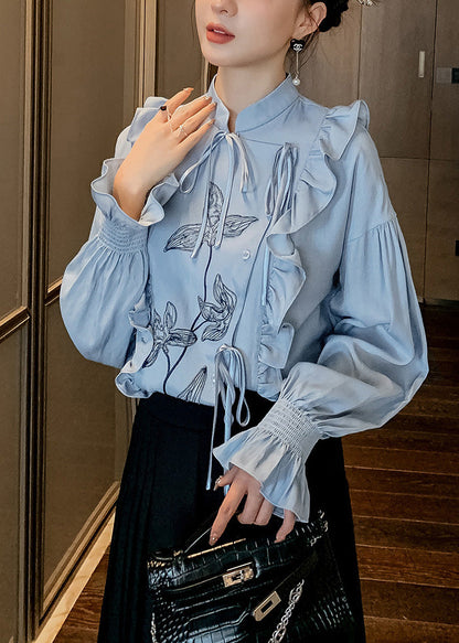 Blue Stand Collar Ruffled Print Tie Waist Button Shirt Long Sleeve