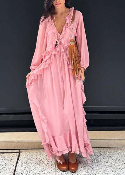 Pink V Neck Ruffled Chiffon Long Dress Fall
