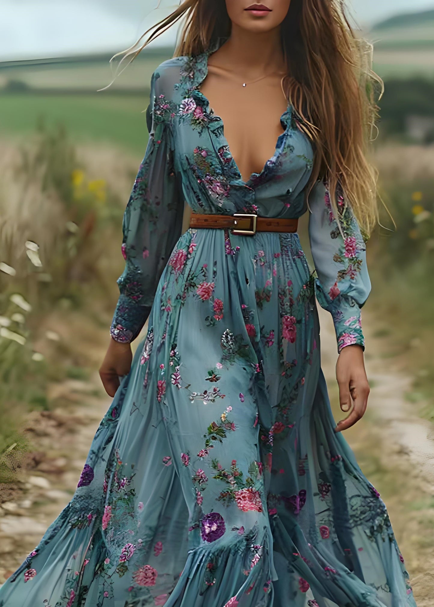 Blue Ruffled Print Patchwork Chiffon Long Dress Spring