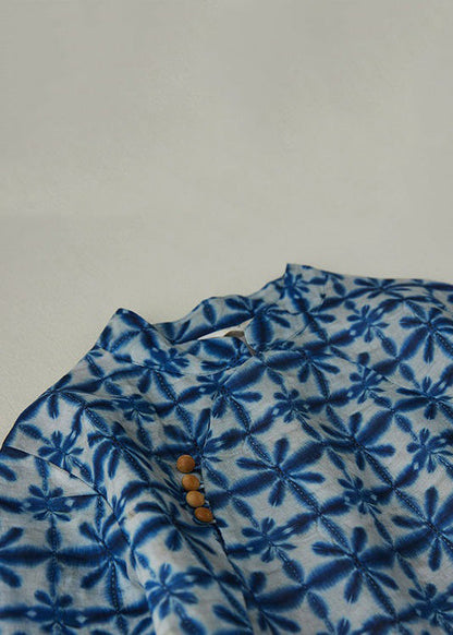 Chinese Style Blue Button Print Pockets Linen Dresses Half Sleeve Summer
